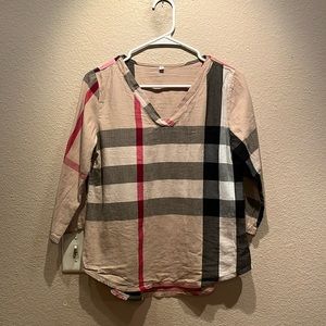 Tan Red Plaid 3/4 Sleeve Shirt Size Small